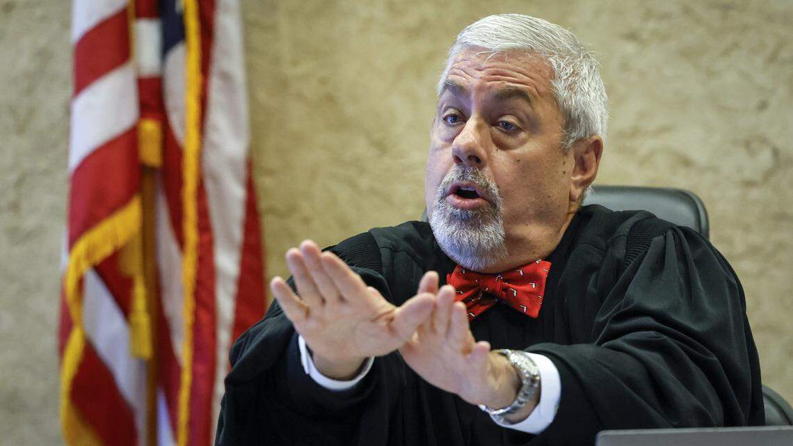 Judge Michael Barket speaks to attorneys during a mass trial of the remaining mobile home owners at the L'il Abner Mobile Home Park at the Miami-Dade County Courthouse in Miami on Thursday, Aug. 14, 2025. 