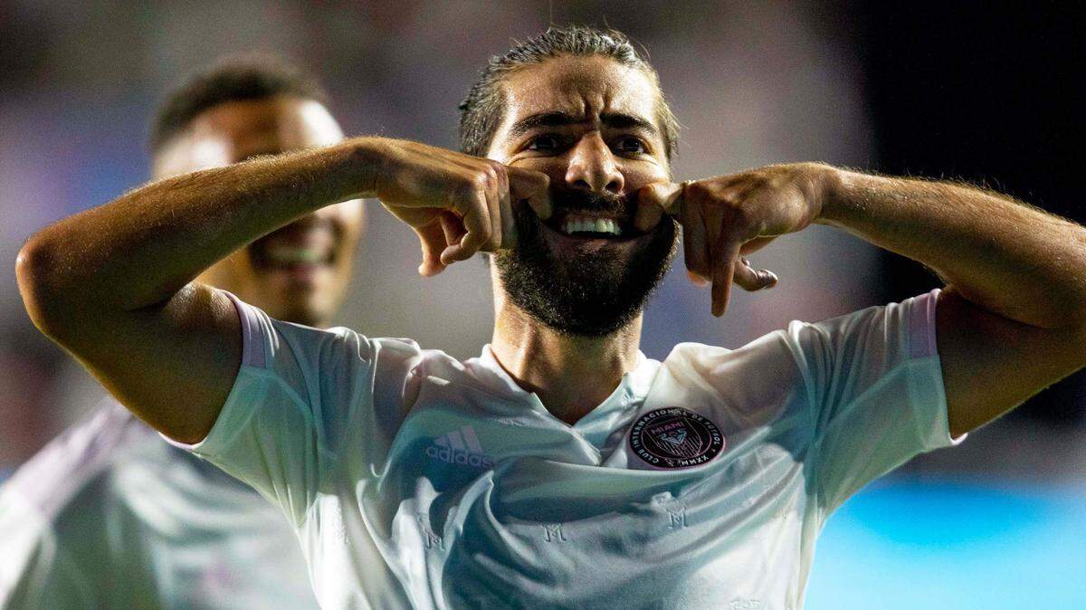 Inter Miami CF midfielder Rodolfo Pizarro flashed his trademark “Joker” smile after scoring two goals in a 3-1 home win over Toronto FC on Aug. 21, 2021. He could be back in 2023 after a one-season loan to Mexican team Monterrey.