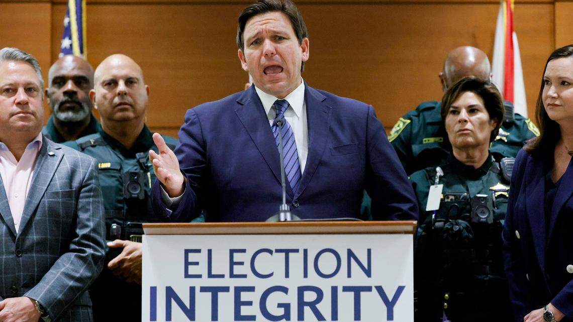 Florida Gov. Ron DeSantis speaks about voter fraud arrests during a news conference at the Broward County Courthouse in Fort Lauderdale, Aug. 18, 2022.