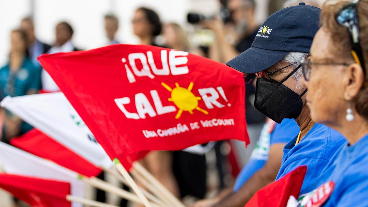 Jose Delgado Soto, 74, a member of WeCount! and a farmworker who has suffered from two heat strokes, attends a press conference outside of Government Center on Monday, May 15, 2023, in downtown Miami, Fla. The group’s ¡Que Calor! campaign pushes for Miami-Dade County to require employers to give oudoor workers water, shade and rest to protect them from extreme heat.