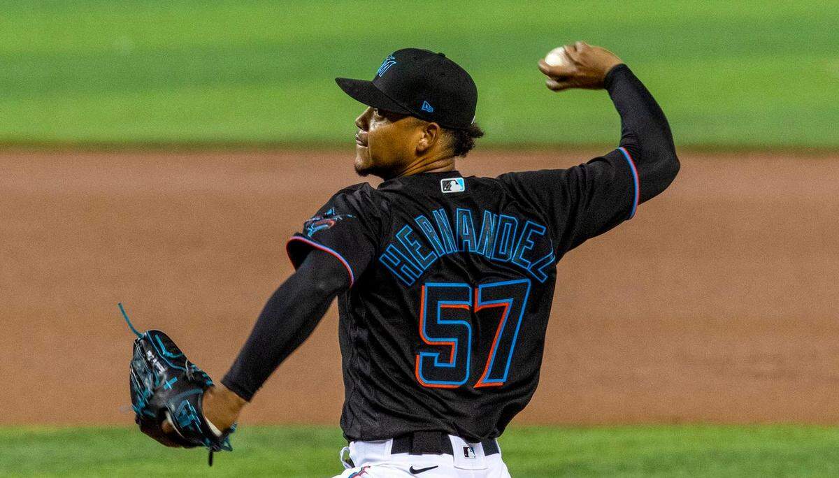 Miami Marlins right-handed pitcher Elieser Hernandez†(57) pitches during the first inning of an MLB game against the Tampa Bay Rays at loanDepot park in the Little Havana neighborhood of Miami, Florida, on Saturday, April 3, 2021. The Marlins dropped the last two games to the Rays in the three-game Citrus Series.