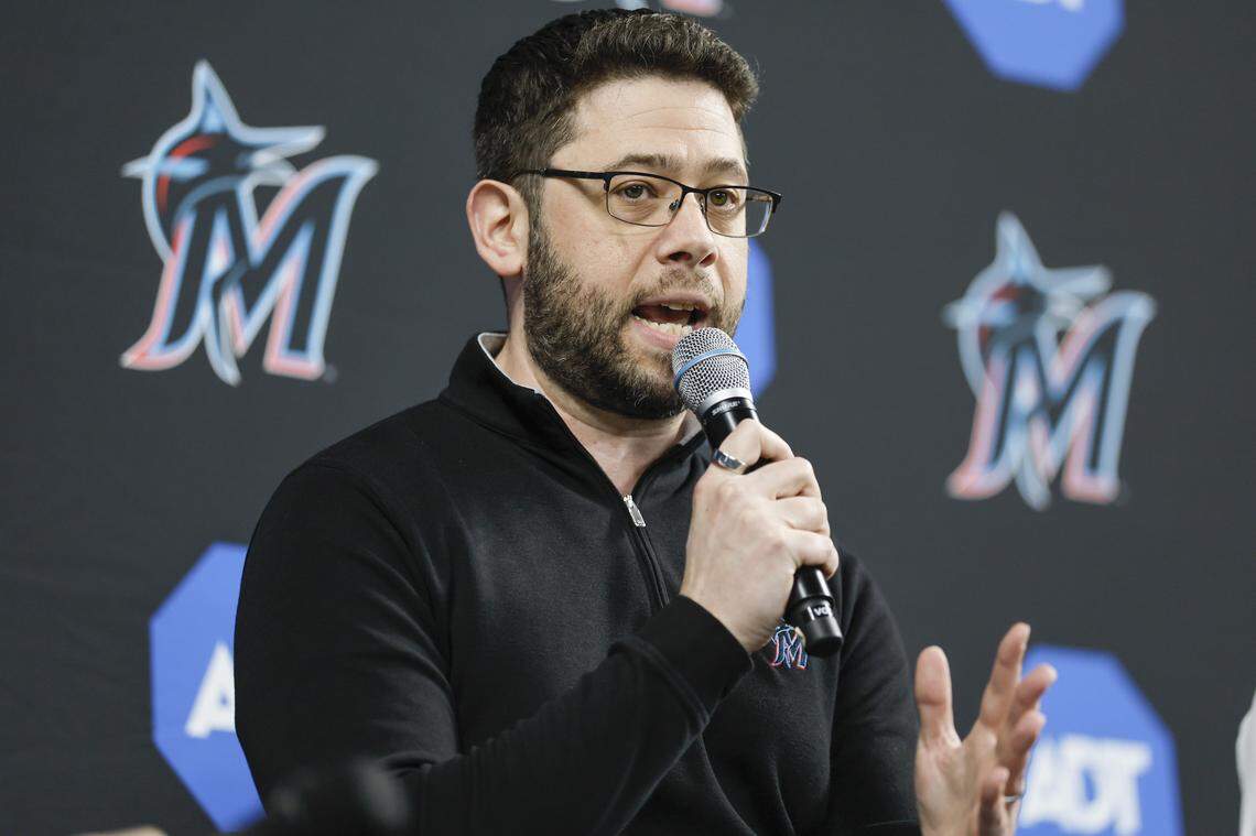 Miami Marlins president of baseball operations Peter Bendix speaks during Marlins Fan Fest. 