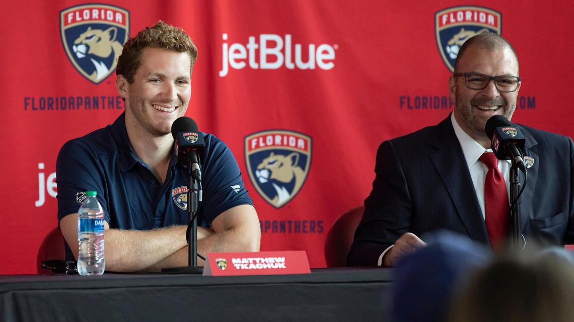 Forward Matthew Tkachuk (left) and Florida Panthers General Manager Bill Zito speak at a Florida Panthers introductory press conference at FLA Live Arena in Sunrise, Florida on Monday, July 25, 2022.