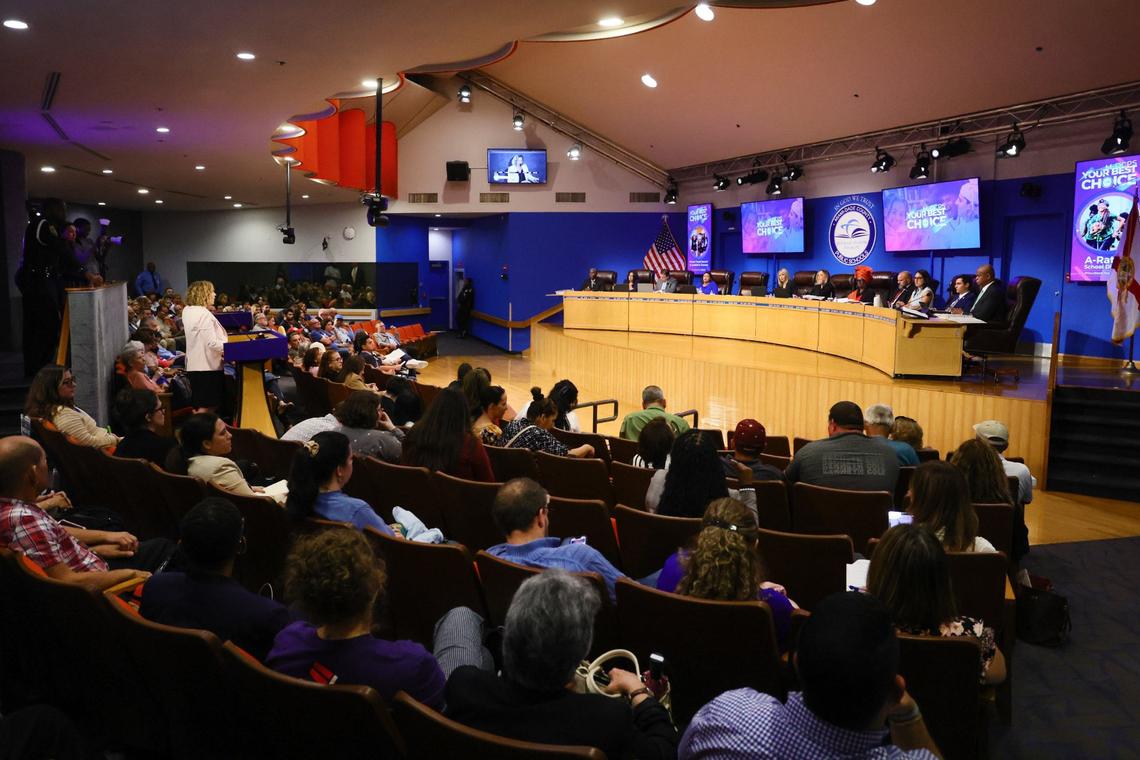 Members of the Miami-Dade School Board listen to members of the community as they discuss item H-10 during a Miami-Dade School Board meeting on Wednesday, Sept. 11, 2024. The proposal would recognize October as LGBTQ History Month in the Miami-Dade school district.