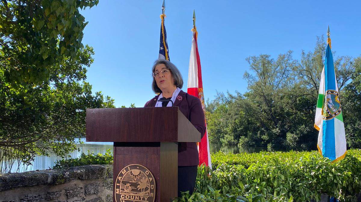 Miami-Dade County Mayor Daniella Levine Cava delivers the State of the County Address at Greynolds Park in North Miami Beach on Monday, Jan. 31, 2022.