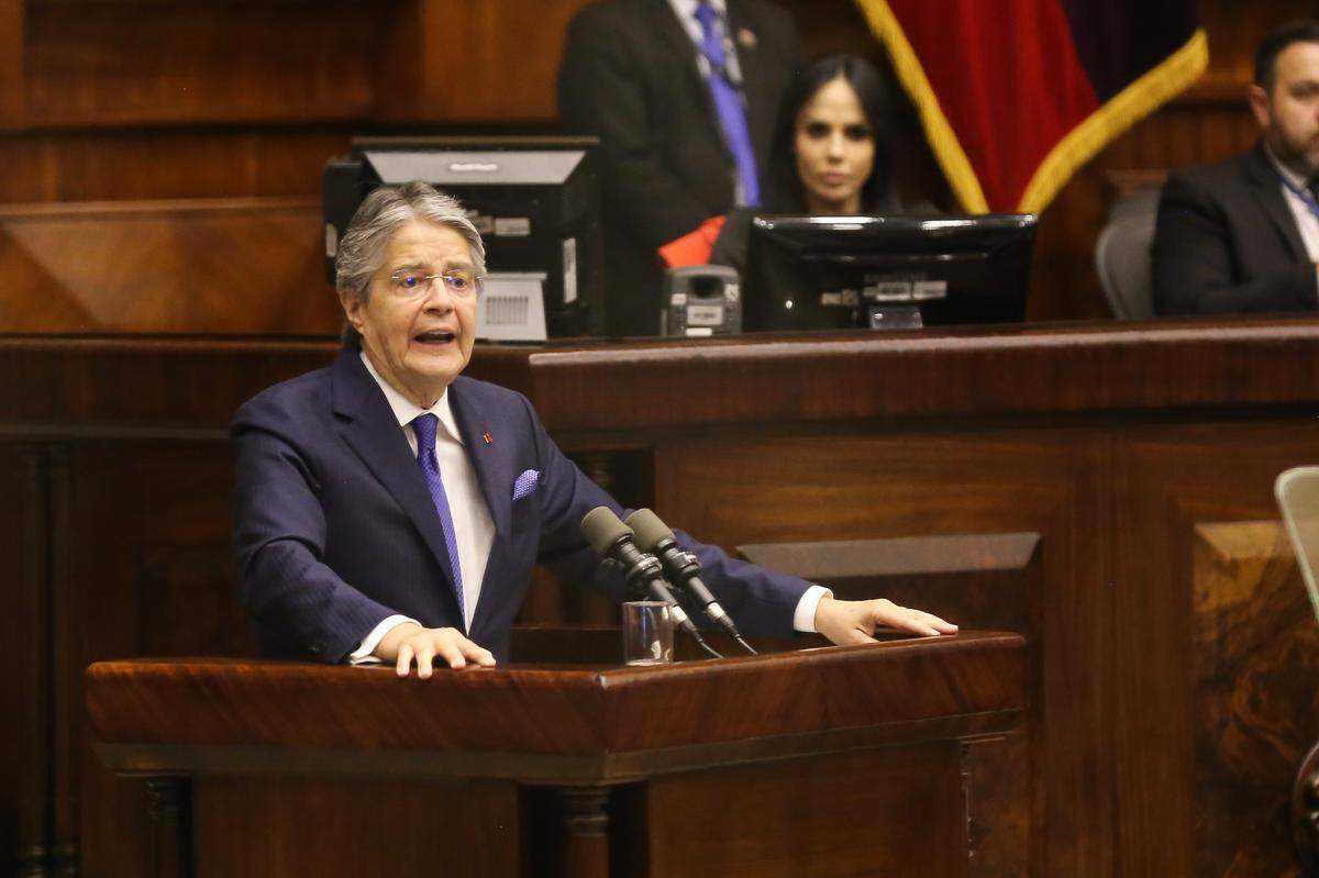 On May 16, 2023, Ecuadorian President Guillermo Lasso speaks during a session of the National Assembly in which opposition deputies were trying to start impeachment proceedings against him. 