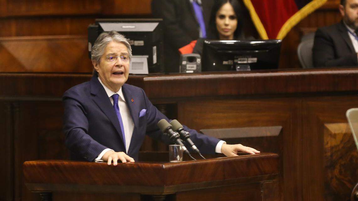 On May 16, 2023, Ecuadorian President Guillermo Lasso speaks during a session of the National Assembly in which opposition deputies were trying to start impeachment proceedings against him.