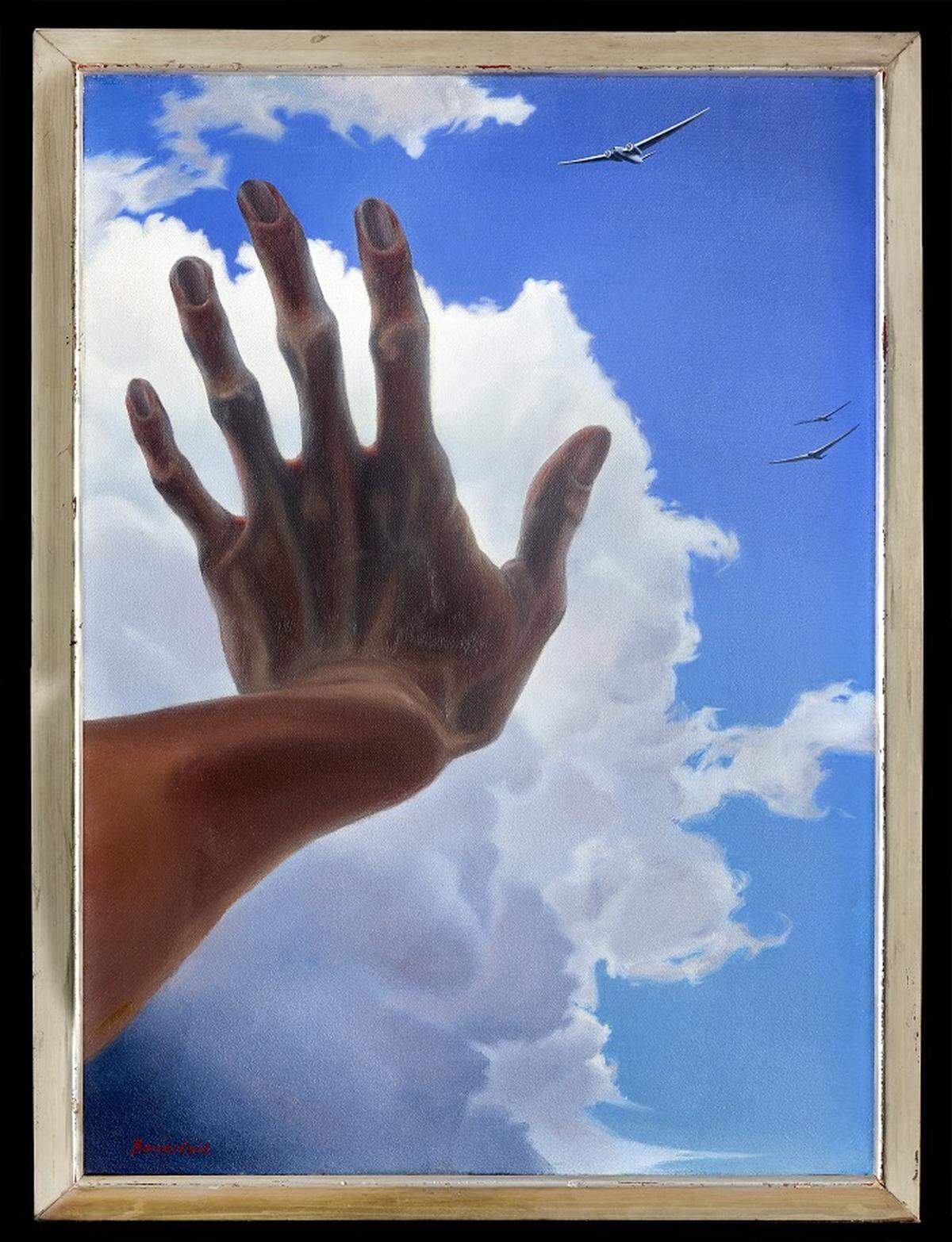 This anti-war painting by Virginia Berresford, titled “Air Raid II” (1937-1938), depicts a woman’s outstretched hand gesturing skyward in defiance of incoming bombers. (Photo/Lynton Gardiner)