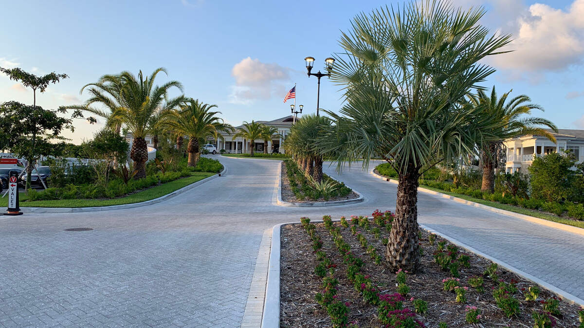 Riviera County Club was rebuilt and completely renovated. This is the front entrance off Blue Road in Coral Gables in September 2019. The valet circle is at the far top.