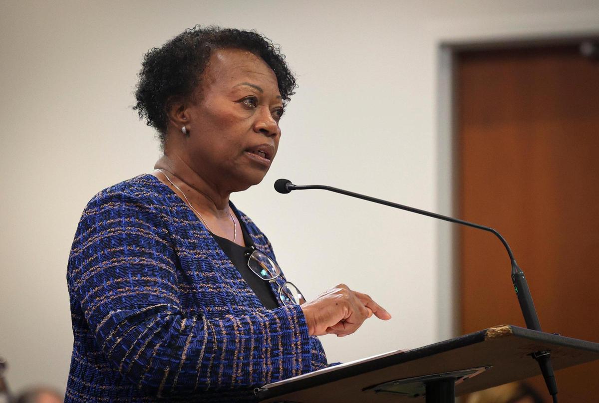 Earlean Smiley, the new interim superintendent of the Broward County school district, speaks to the School Board and the public during a Broward County School Board meeting on Wednesday, Feb. 15, 2023, in Fort Lauderdale.