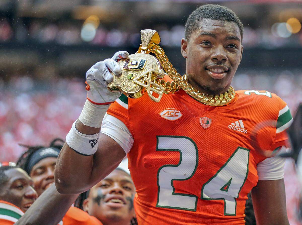 Miami Hurricanes safety Kamren Kinchens (24) got to be the first Miami player to wear the new chain in 2021, only it technically never happened. The safety forced a fumble in the second quarter at Mercedes-Benz Stadium and had the chain placed around his neck to celebrate a turnover that never actually happened during game against the Alabama Crimson Tide in Atlanta on Saturday, September 4, 2021.