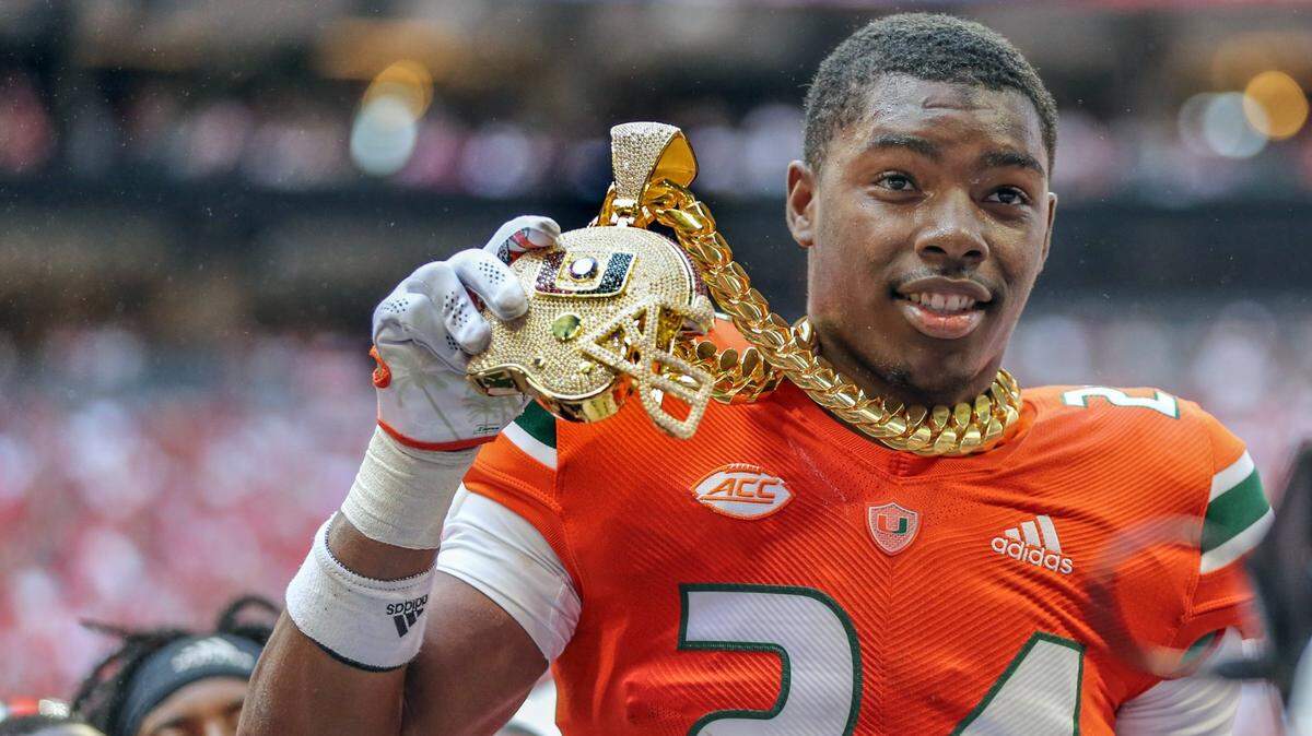 Miami Hurricanes safety Kamren Kinchens (24) got to be the first Miami player to wear the new chain in 2021, only it technically never happened. The safety forced a fumble in the second quarter at Mercedes-Benz Stadium and had the chain placed around his neck to celebrate a turnover that never actually happened during game against the Alabama Crimson Tide in Atlanta on Saturday, September 4, 2021.