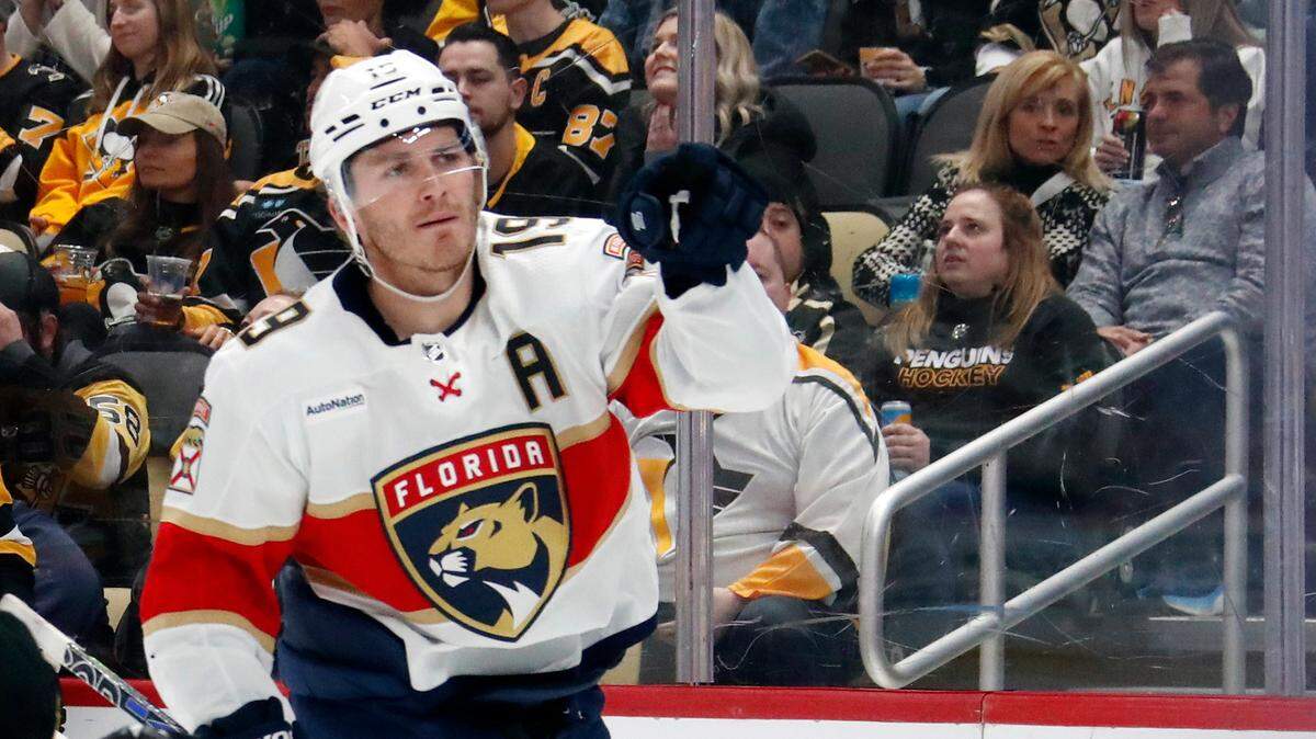 Feb 14, 2024; Pittsburgh, Pennsylvania, USA; Florida Panthers left wing Matthew Tkachuk (19) reacts after scoring a goal against the Pittsburgh Penguins during the second period at PPG Paints Arena.
