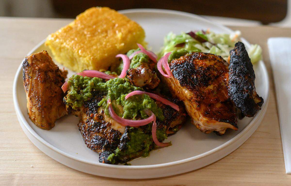 Wood-fire Oaxacan chicken with slaw and cornbread at Hometown Bar-B-Cue