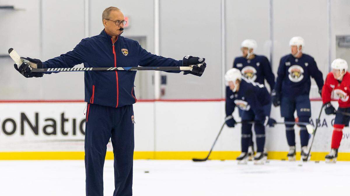 Florida Panthers head coach Paul Maurice watches as players run drills during training camp at the Baptist Health IcePlex on Thursday, Sept. 19, 2024, in Fort Lauderdale, Fla.