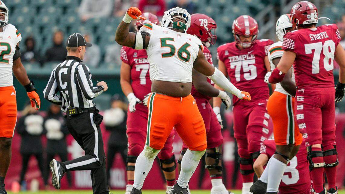 Sep 23, 2023; Philadelphia, Pennsylvania, USA; Miami Hurricanes defensive lineman Leonard Taylor III (56) celebrates his sack in the second half against the Temple Owls at Lincoln Financial Field. Mandatory Credit: Andy Lewis-USA TODAY Sports
