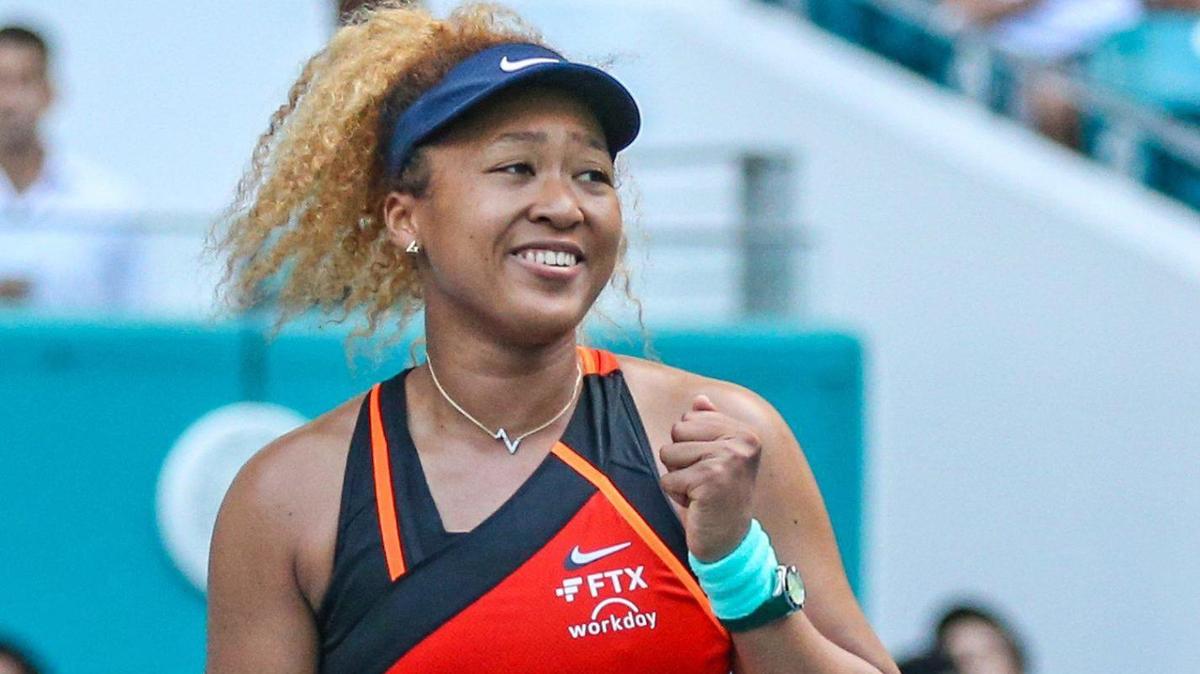 Naomi Osaka reacts after defeating Belinda Bencic during the Miami Open tennis tournament at Hard Rock Stadium in Miami Gardens, Florida on Thursday, March 31, 2022.