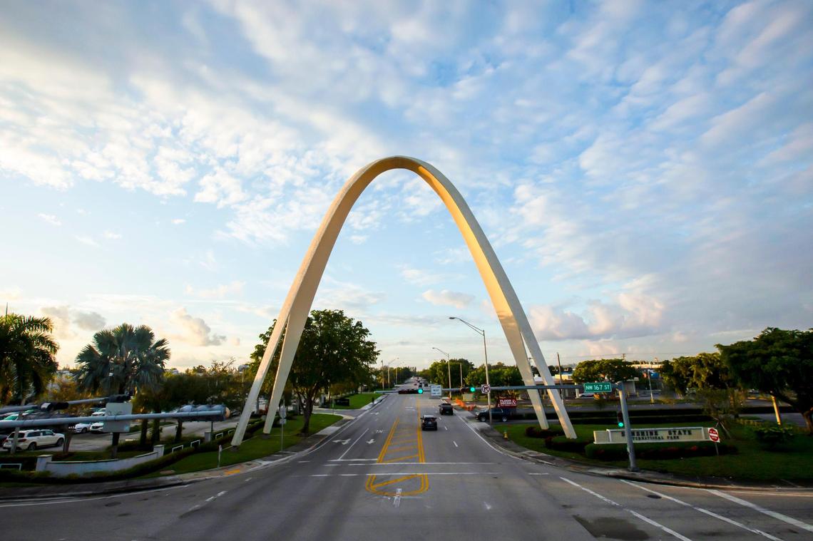 A view of the Sunshine State Arch from the expressway in Miami Gardens, Florida, on Thursday, October 15, 2020. The structure was finished in 1964 and has been memorialized in the official seal of the City of Miami Gardens after incorporating in 2003.