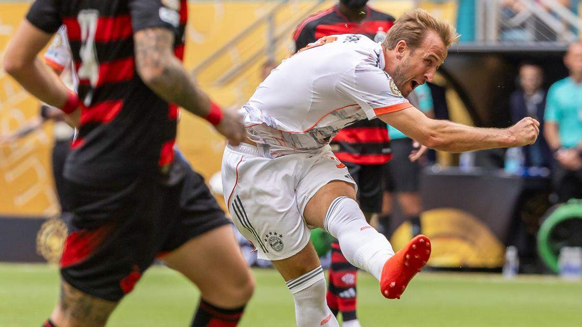 Bayern Munich forward Harry Kane (9) kicks a shot against Flamengo in the first half of their round of 16 FIFA Club World Cup soccer match at Hard Rock Stadium on Sunday, June 29, 2025, in Miami Gardens, Fla.