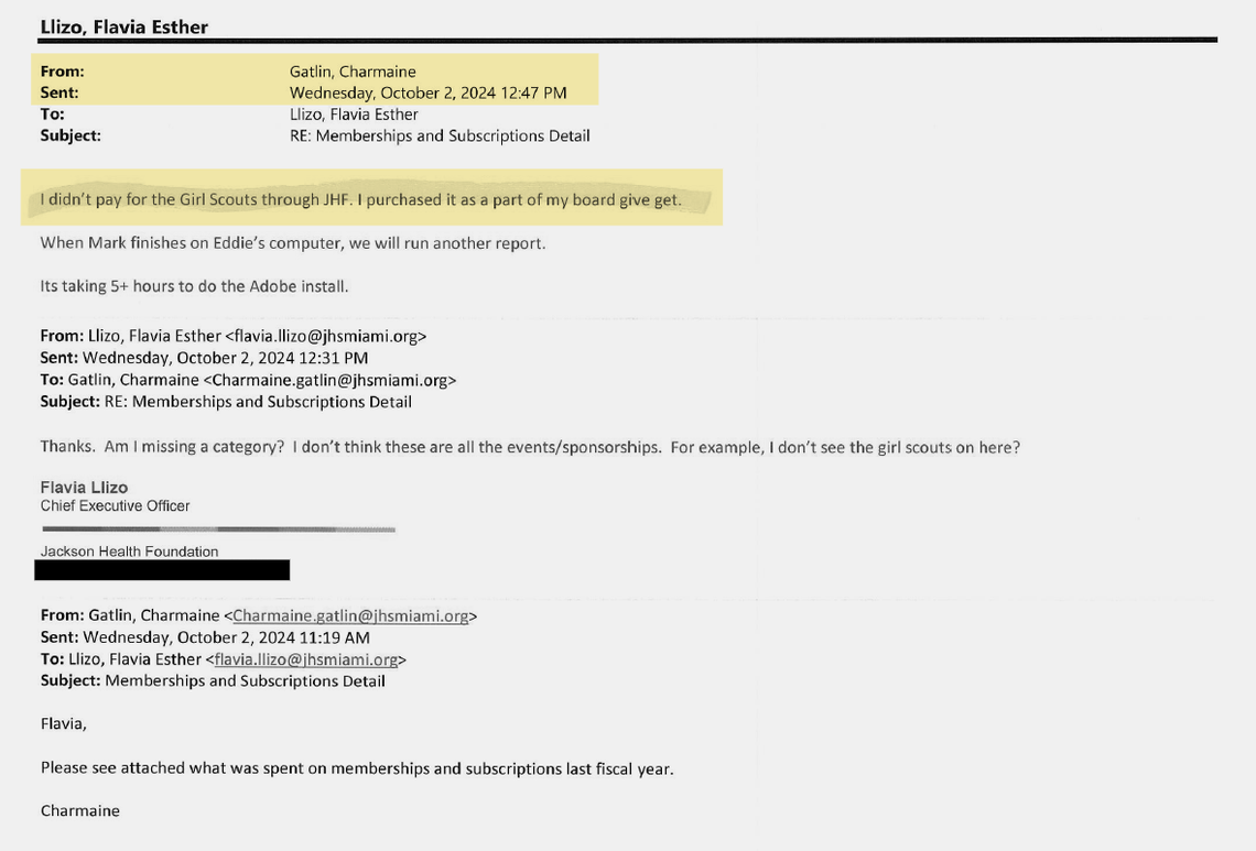 Charmaine Gatlin on Oct. 2, 2024, told Jackson Foundation CEO Flavia Llizo that she ‘didn’t pay for the Girl Scouts’ $10K sponsorship ‘through JHF’ but purchased it as part of her ‘board give get,’ according to emails obtained by the Miami Herald through a public record request.