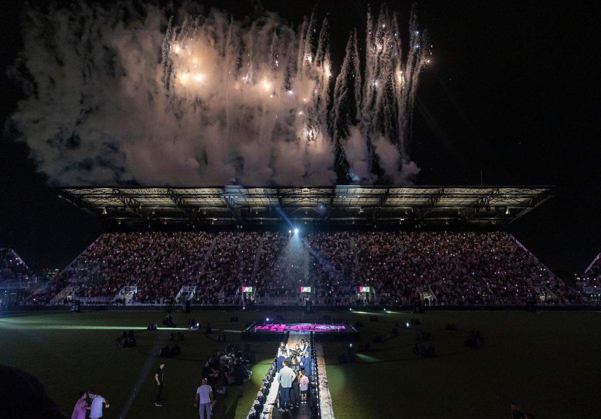 Fireworks are launched during Inter Miami’s The Unveil event at DRV PNK Stadium on Sunday, July 16, 2023, in Fort Lauderdale, Fla. The event was held to officially welcome Argentine forward Lionel Messi (10) and Spanish midfielder Sergio Busquets (5) to the team.