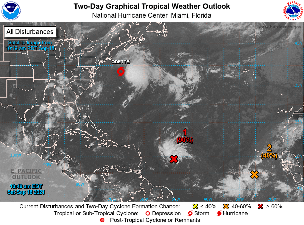There are two disturbances being monitored in the Atlantic Saturday, Sept. 18, 2021. One has a 90% chance of turning into a tropical depression or storm Saturday. The other is at 40%.