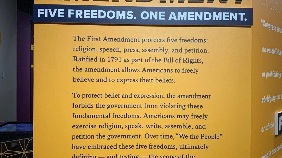 The First Amendment exhibit was installed at the National Constitution Center in Philadelphia in September 2023. The interactive display allows visitors to test their knowledge of their rights.