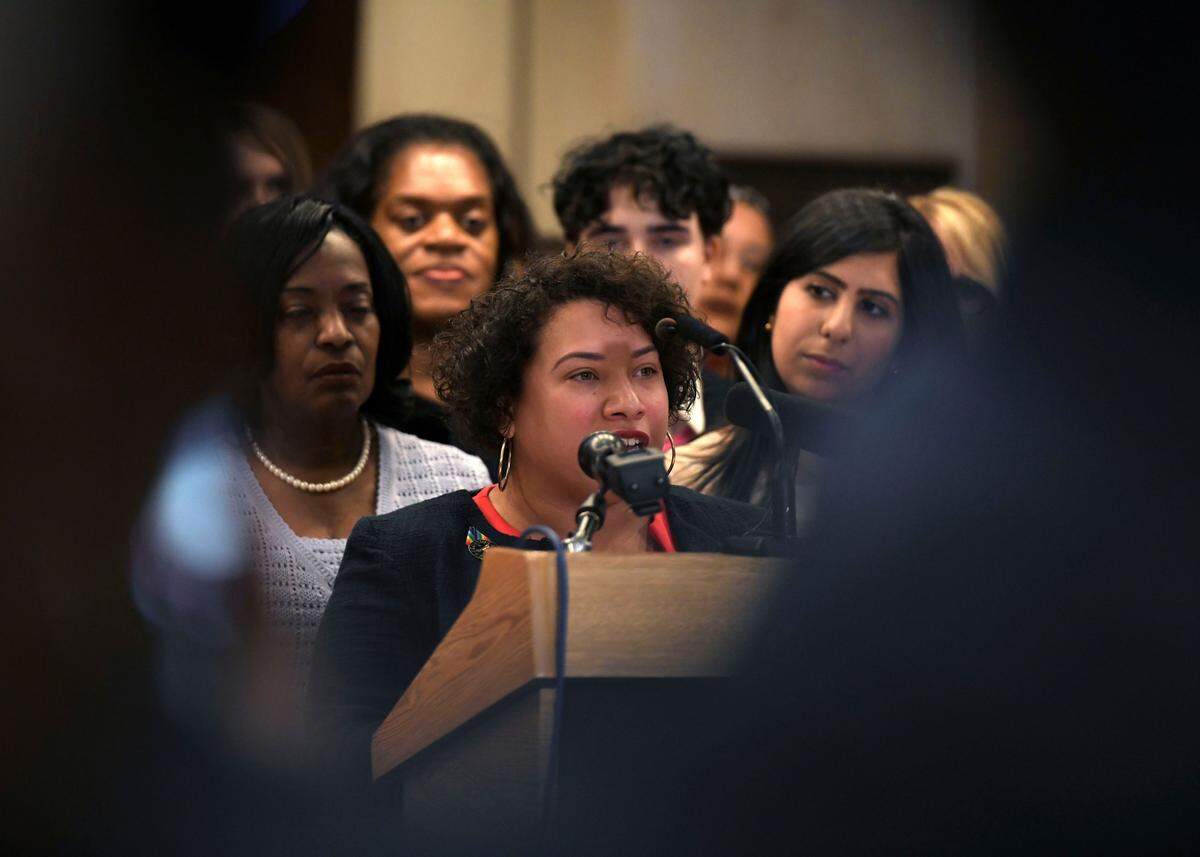 Stephanie Pineiro, president of Florida Access Network, an opponent of SB 404, known as the “parental consent” bill, speaks at a press conference at the Capitol, Wednesday, Jan. 22, 2020, in Tallahassee, Fla. The bill requiring that girls under the age of 18 get a parent’s consent before having an abortion was approved Wednesday in its final committee stop. On Thursday, it was passed by the Senate.