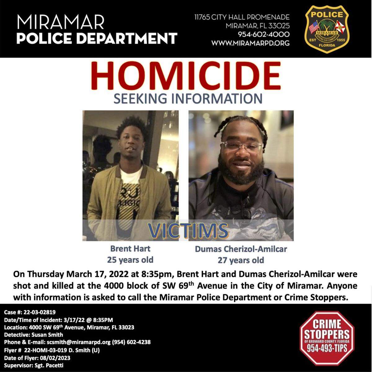 A poster requesting information about the March 17, 2022 double murder of Brent Hart, 25, and Dumas Cherizol-Amilcar, 27.