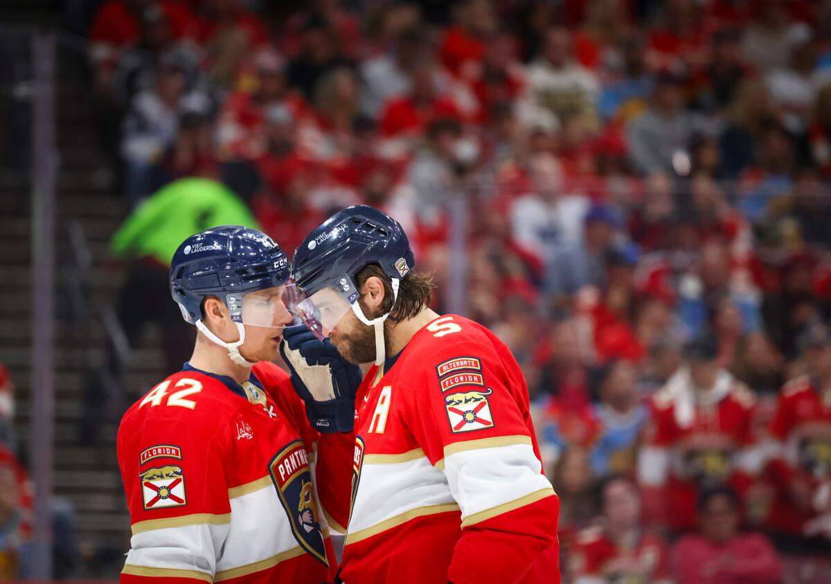 Florida Panthers defenseman Gustav Forsling (42) talks to defenseman Aaron Ekblad (5) during the second period of Game 3 of the first-round Stanley Cup playoff series on Saturday, April 26, 2025, at Amerant Bank Arena in Sunrise, Fla.
