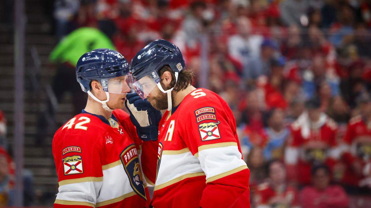 Florida Panthers defenseman Gustav Forsling (42) talks to defenseman Aaron Ekblad (5) during the second period of Game 3 of the first-round Stanley Cup playoff series on Saturday, April 26, 2025, at Amerant Bank Arena in Sunrise, Fla.