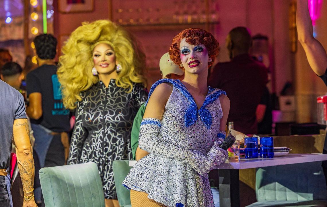 Suzie Toot (front) watches the moment she was eliminated from “RuPaul’s Drag” at a watch party at R House in Wynwood back in early April.