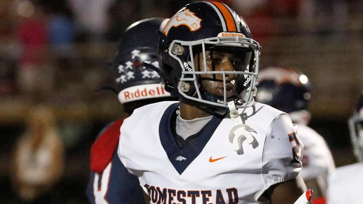 Homestead Broncos wide receiver Cortez Mills (2) walks after he scored a touchdown against Columbus Explorers during the football game on Saturday, October 07, 2023 at Tropical Park Stadium in Miami.