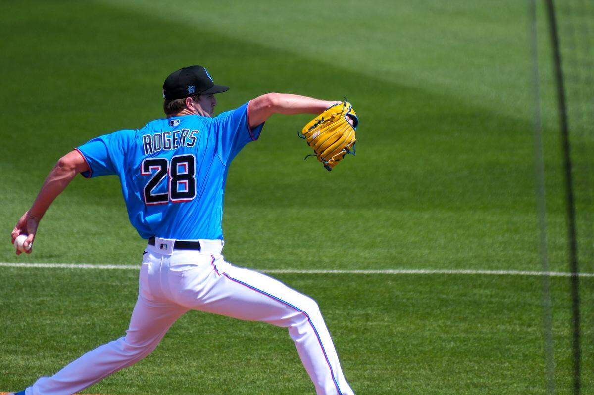 Miami Marlins pitcher Trevor Rogers warms up before a spring training game against the Houston Astros on Friday, March 5, 2021, at Roger Dean Chevrolet Stadium in Jupiter, Florida.