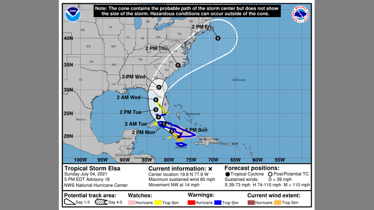 A map from the National Hurricane Center shows Tropical Storm Elsa’s forecasted track as of 5 p.m. Sunday.