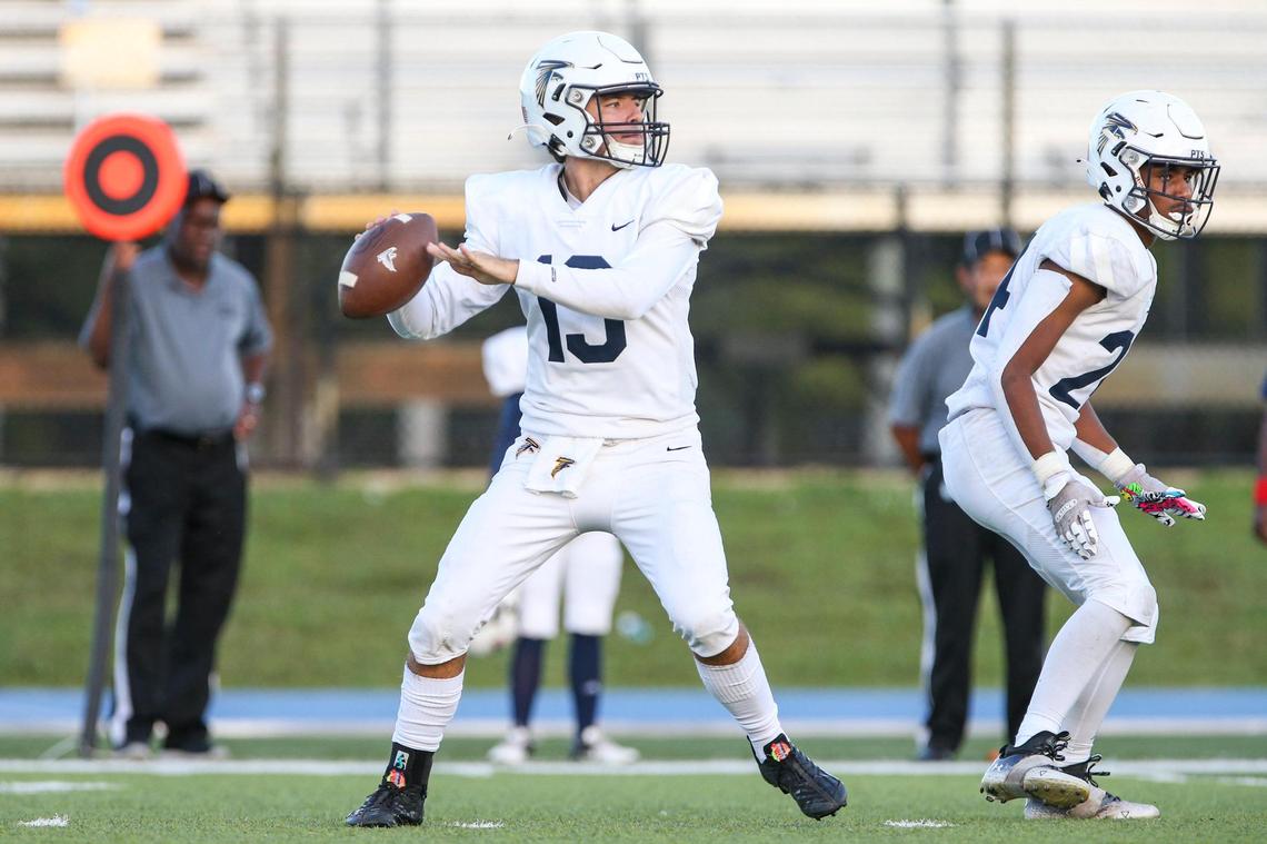 Palmer Trinity quarterback Aden Davenport (13) throws the football during the third quarter of a high school football playoff game against True North at Tropical Park in Miami, Florida, Friday, November 25, 2022.