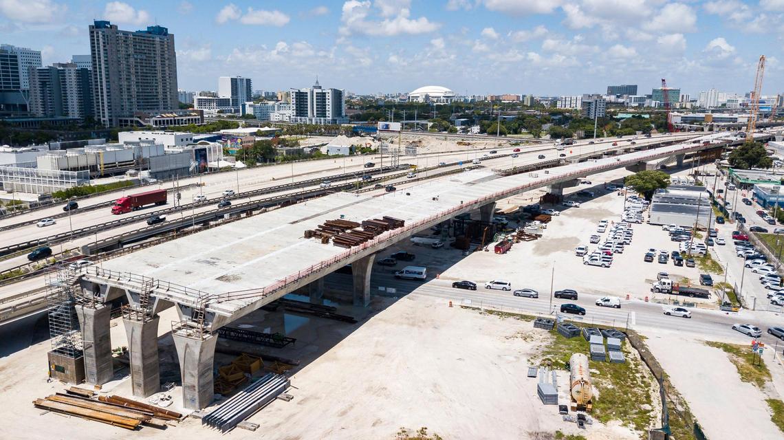 Aerial view of the I-395 construction project taking place near downtown Miami and Overtown on Tuesday, June 8, 2021.