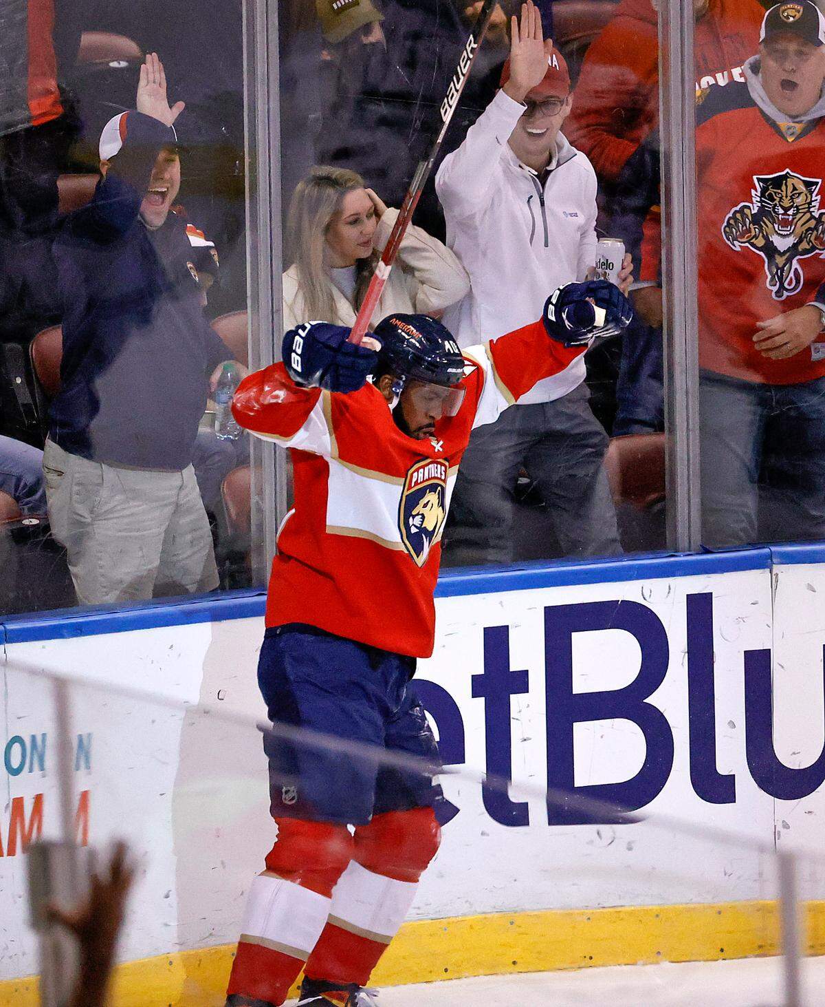 Florida Panthers left wing Anthony Duclair (10) reacts after scoring a goal against Dallas Stars goaltender Jake Oettinger (29) during the first period of an NHL game at the FLA Live Arena on Friday, January 14, 2022 in Sunrise, Fl.
