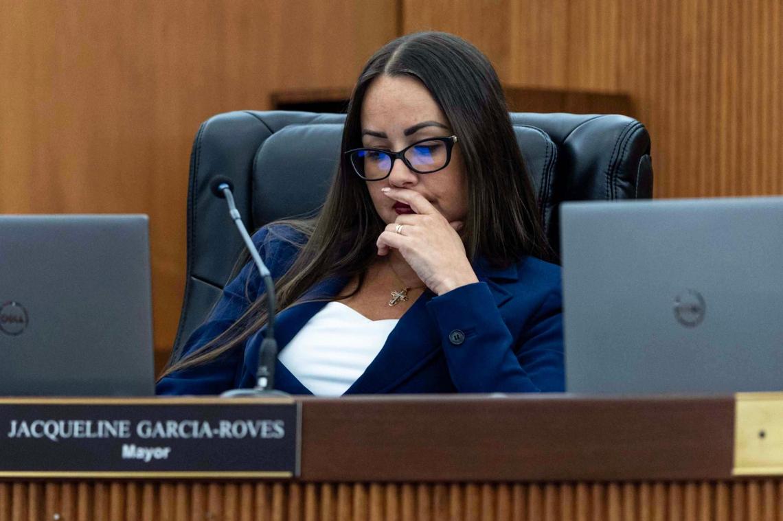 Hialeah Mayor Jacqueline Garcia-Roves looks disappointed Tuesday during a City Council meeting to choose an interim council member to fill the seat she vacated upon becoming interim mayor.
