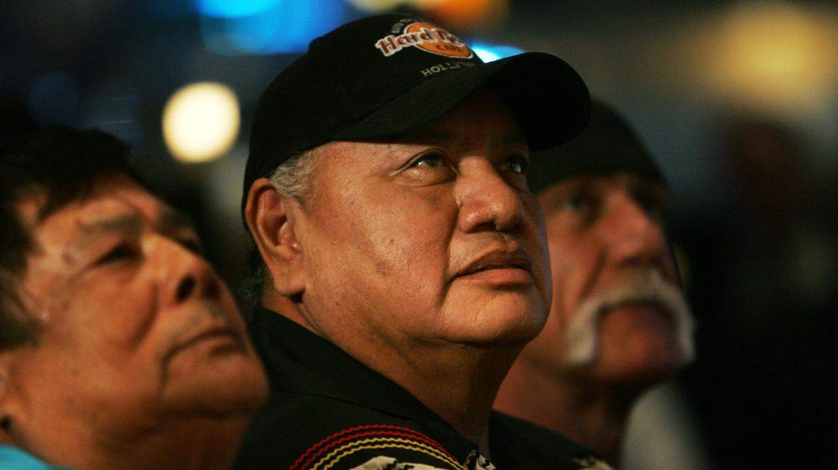 Seminole Tribe Councilman Max Osceola, center, and wrestling star Hulk Hogan, right, attend a press conference to kick off new Las Vegas-style class III slot machines at Seminole Hard Rock Casino in Hollywood in January 2008.