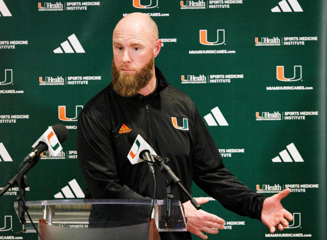 Corey Hetherman, the Miami Hurricanes new defensive coordinator, speaks about his background as a teacher and his aggressive defensive strategy duirng a press conference on Monday, Jan. 13, 2025, at the University of Miami Schwartz Center for Athletic Excellence in Coral Gables.