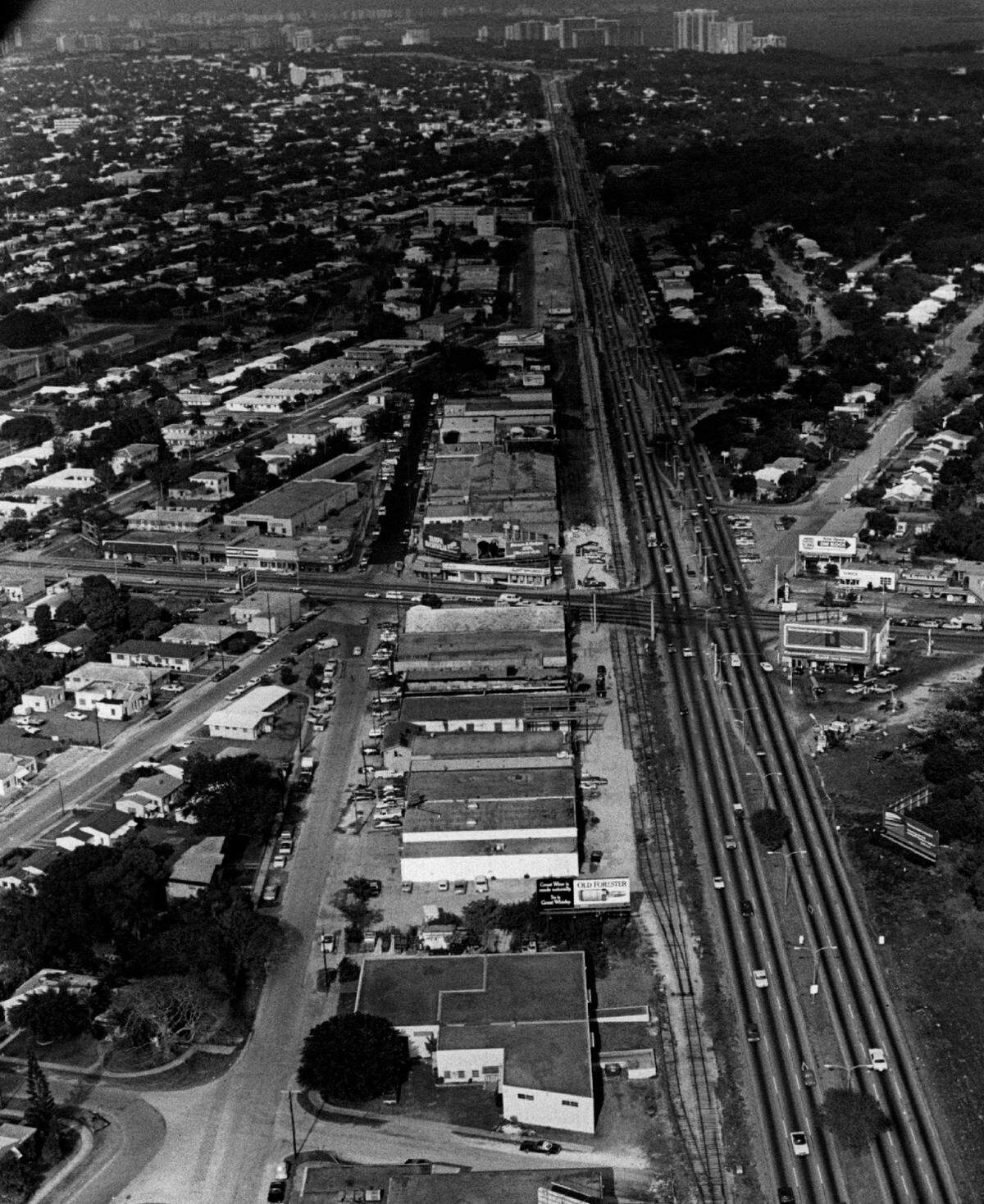 Coconut Grove in 1979, looking across Southwest 27th Avenue and South Dixie Highway.