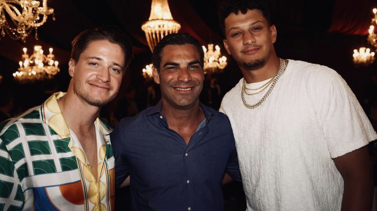 From left to right, Norweigan DJ Kygo, Miami Mayor Francis Suarez, and Kansas City Chiefss quarterback Patrick Mahomes pose together on the third night of Carbone Beach, a $3,000-per-person dinner event in Miami Beach during the inaugural Formula One Grand Prix in 2022.
