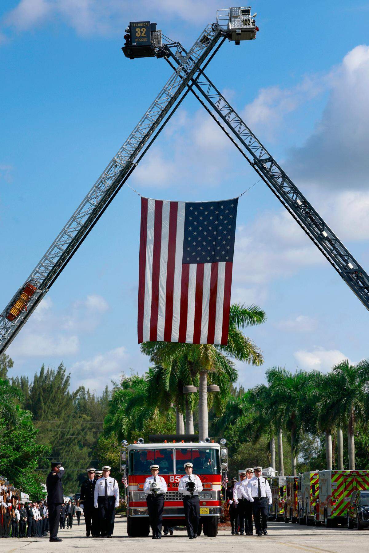 The funeral procession for Broward Sheriff Fire Rescue Battalion Chief Terryson Jackson arrives at the Faith Center in Sunrise on Friday, September 8, 2023. Jackson died in a helicopter crash on Monday, Aug. 28, when he and two BSFR colleagues were responding to an emergency call. (Mike Stocker/South Florida Sun Sentinel)