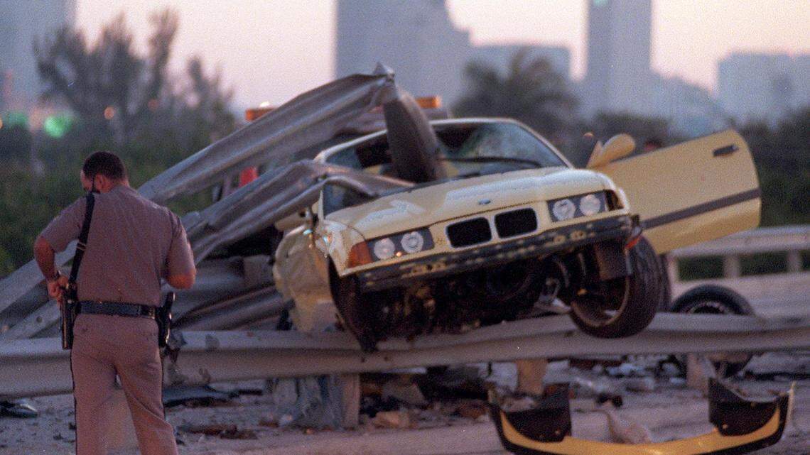 4/19/97- Wreck on I-95 southbound, near 25th Road exit, occurred around 5:30am Saturday. Guard rail impaled a BMW, with the steel beam shooting thru the windshield, the full length of the car, and out the trunk.