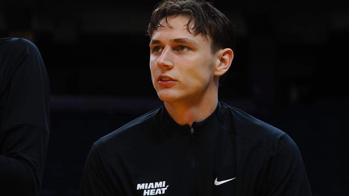 Miami Heat guard Pelle Larsson (9) on the sideline during the first quarter against the Los Angeles Lakers at Chase Center.