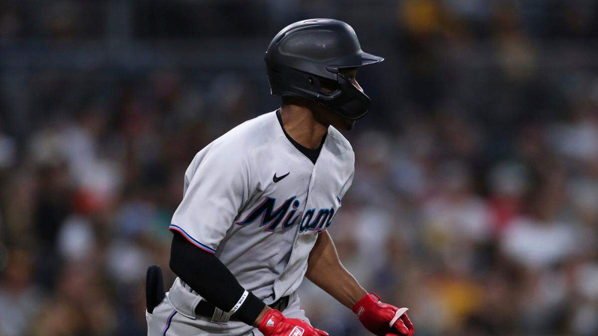 Miami Marlins’ Magneuris Sierra runs the bases while watching his RBI single in the second inning of a baseball game against the San Diego Padres, Monday, Aug. 9, 2021, in San Diego. (AP Photo/Derrick Tuskan)