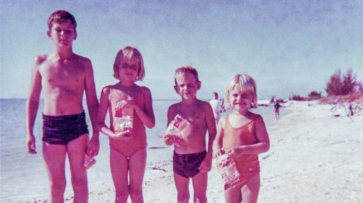The Monfort children play on the beach at Marco Island, 1962. From left to right, Bob Monfort, Janine Monfort, Peter Monfort and Toni Monfort Schrager, the article’s author.