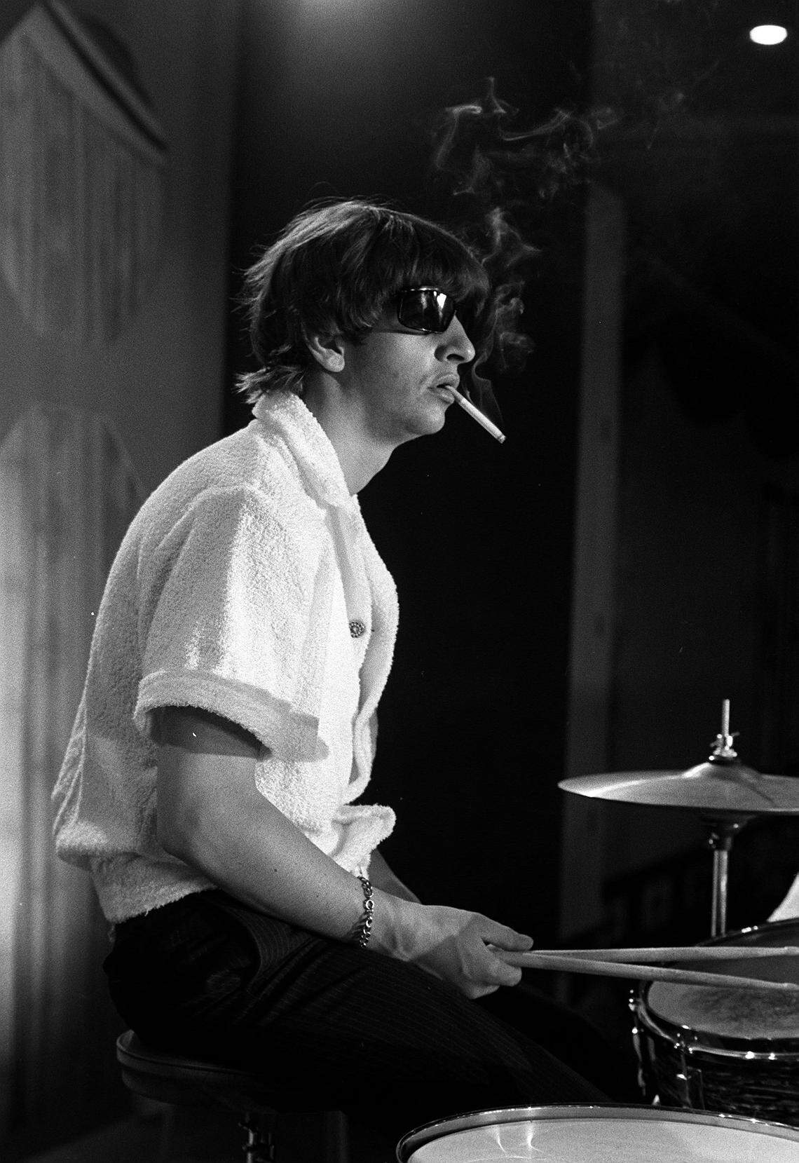1964 PHOTOGRAPH BY CHARLES TRAINOR SR/MIAMI NEWS - Beatle Ringo Starr plays the drum during a rehersal on the Ed Sullivan Show at the Deauville Hotel on Miami Beach in 1964.