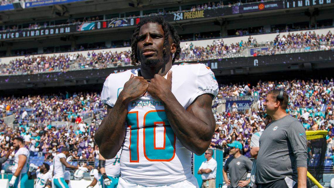 Miami Dolphins wide receiver Tyreek Hill (10) looks on before the start of an NFL football game against the Baltimore Ravens at M&T Bank Stadium on Sunday, September 18, 2022 in Baltimore, MD.